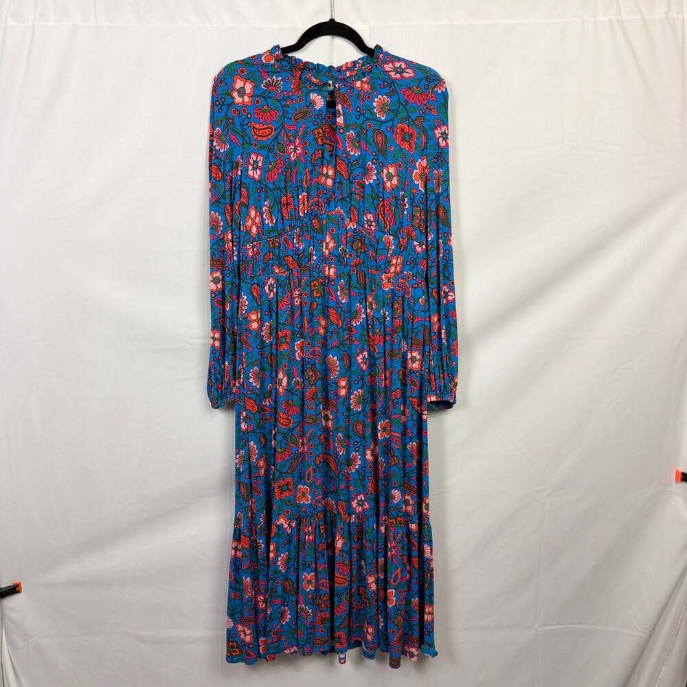 Boden Women Blue Boho Retro Floral Paisley Tiered Maxi Dress Long Sleeve Sz 10